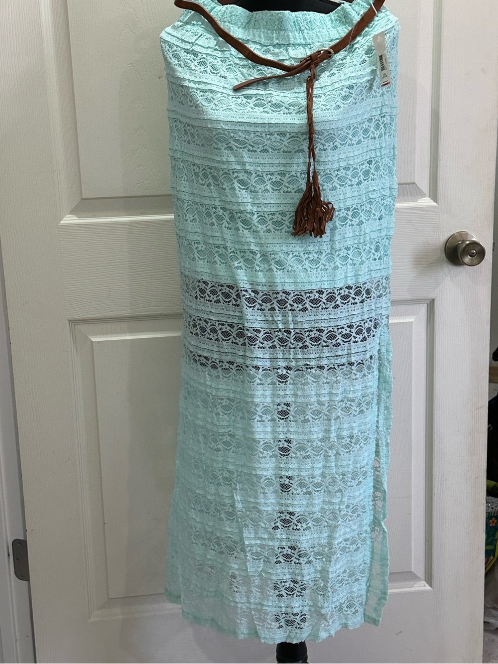 No Boundaries Light Aqua Lace Maxi Skirt with Brown Tassel Belt